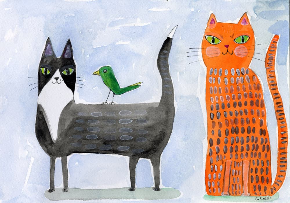 Whimsical Cats and Bird by Sharyn Bursic — canvas wall art