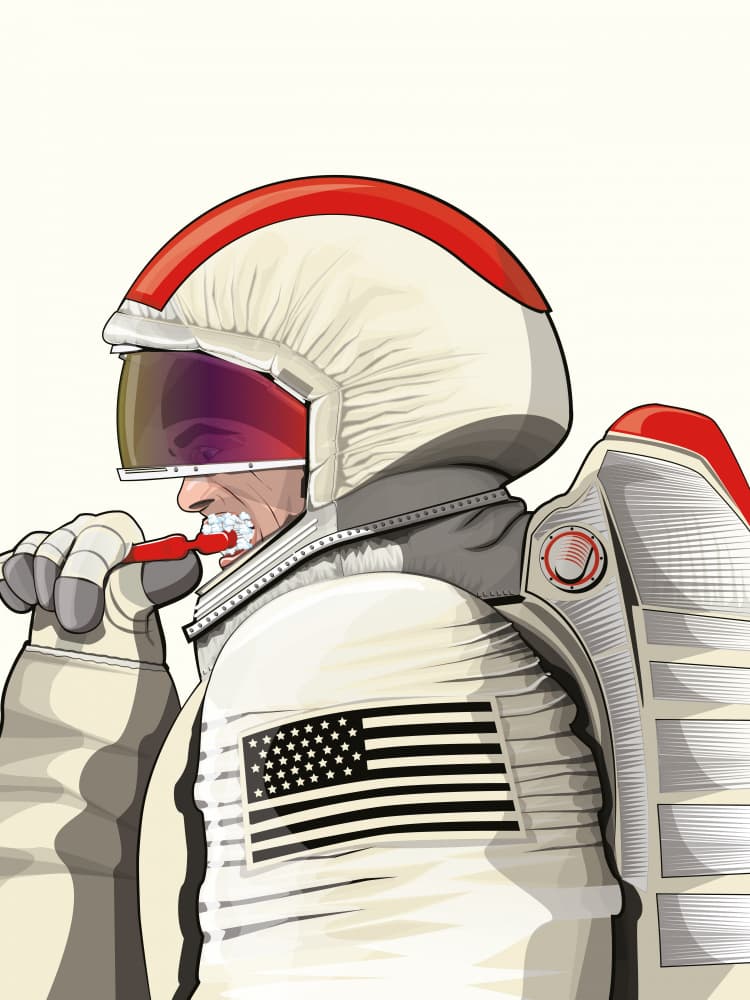 Astronaut Brushes Up by In The Washroom — canvas wall art