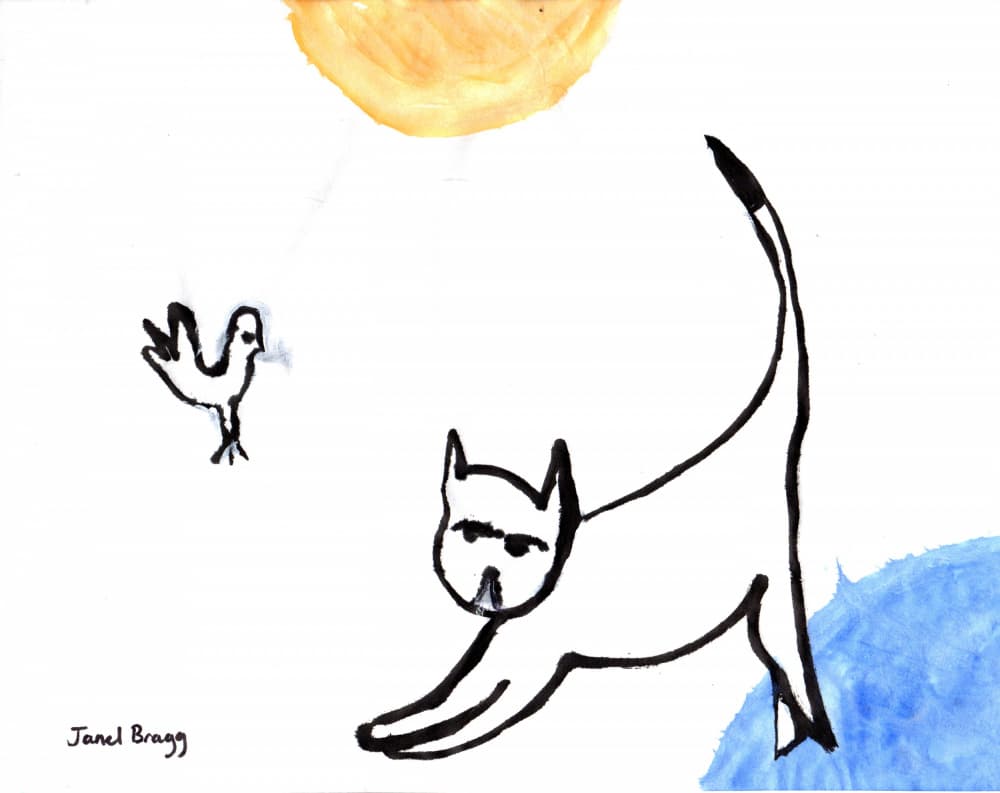 Cat and Bird With Yellow and Blue Dots by Janel Bragg — canvas wall art