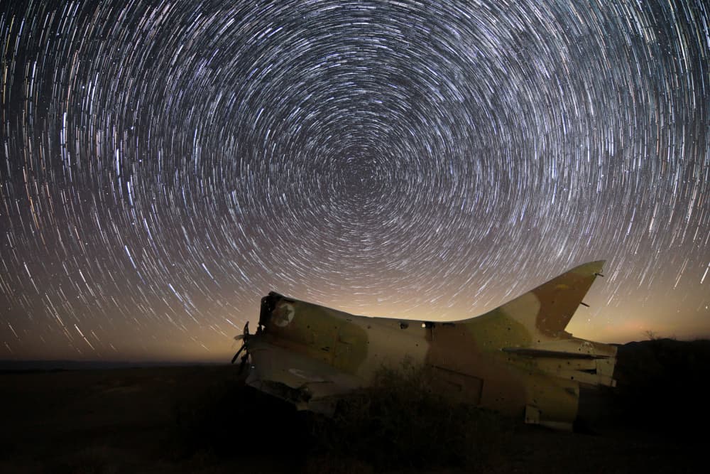Desert Plane Star Trails by AYMAN KHRBAWE — canvas wall art