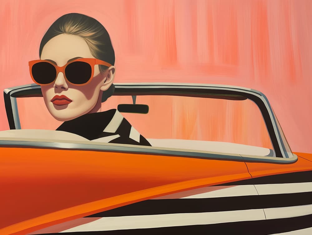 Stylish Woman Orange Car by SHANDU — canvas wall art