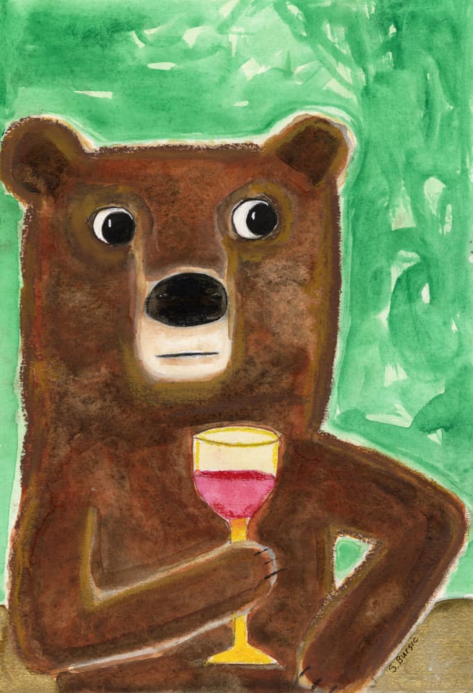 Forest Bear Sips Wine by Sharyn Bursic — canvas wall art