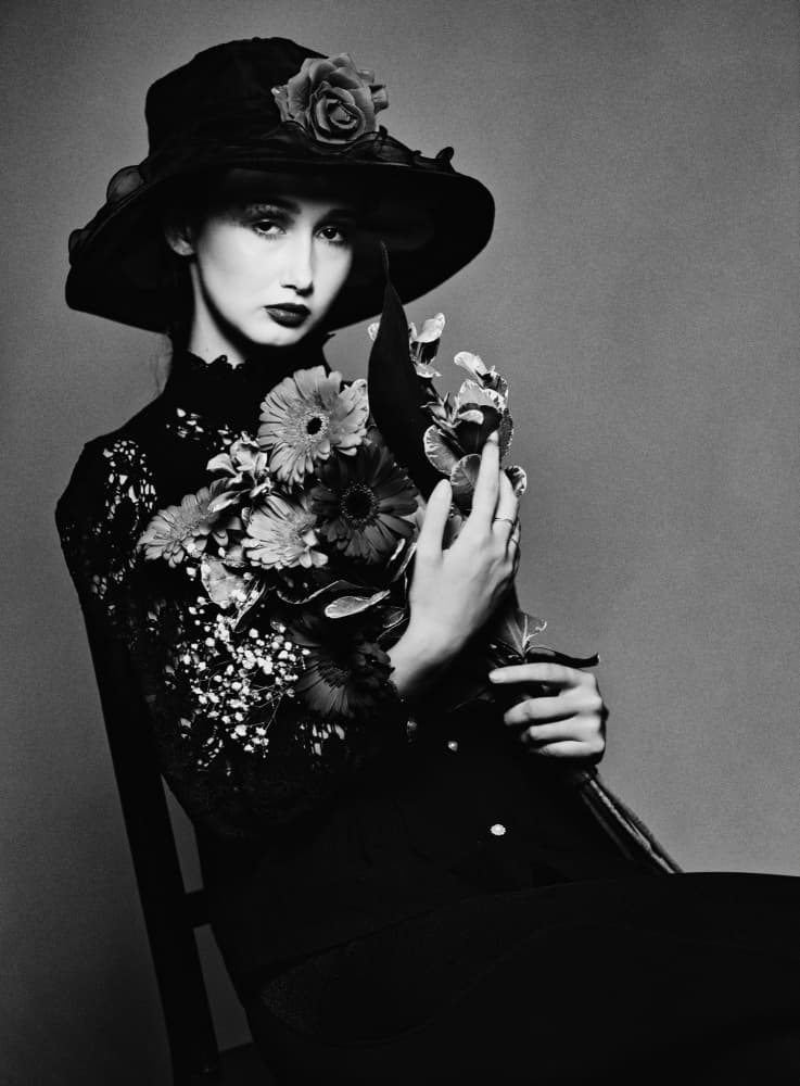 Elegant Lady with Flowers by Offer Ellbogen — canvas wall art