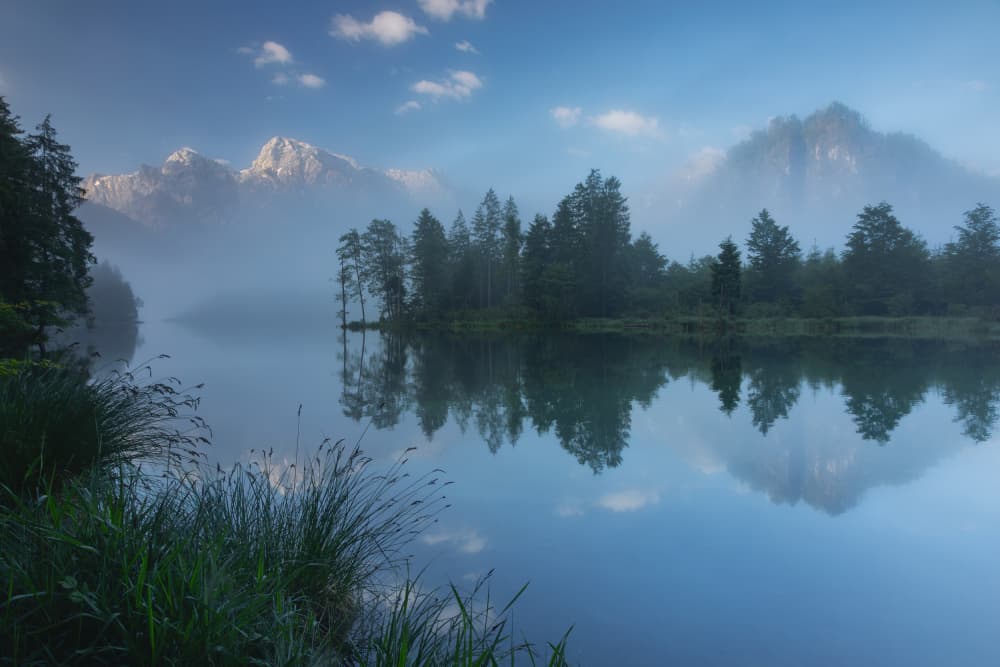 Misty Mountain Lake Reflection by Lazar Ioan Ovidiu — canvas wall art