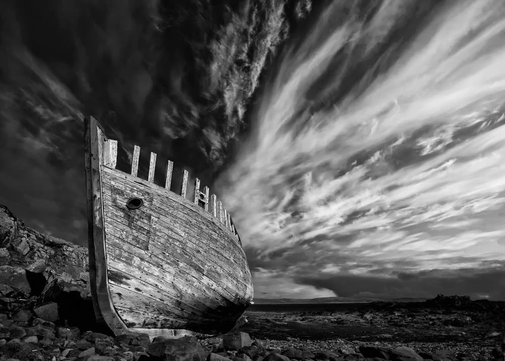 Weathered Boat Dramatic Sky by Þorsteinn H. Ingibergsson — canvas wall art