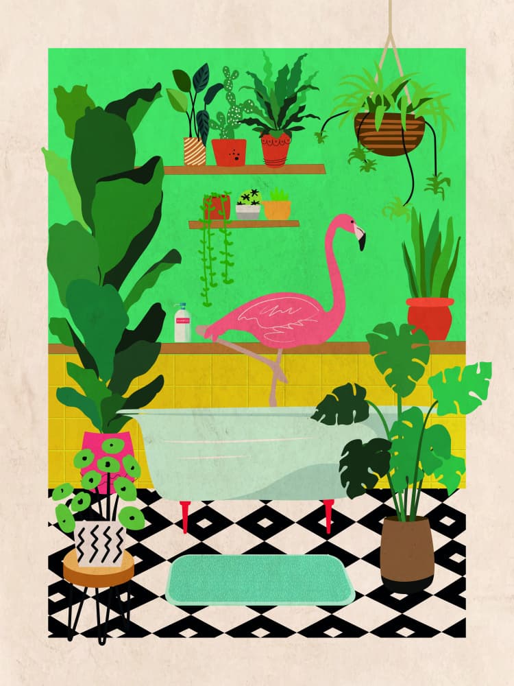 Pink Flamingo Bathroom by WallChart Art Studio — canvas wall art