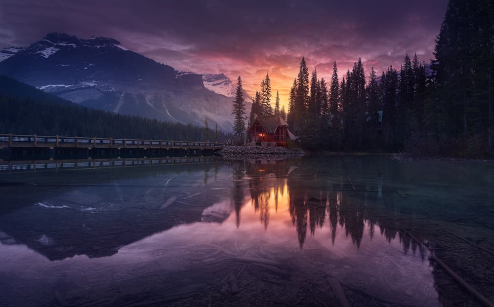 Twilight Mountain Lake Cabin by Jesús M. García — canvas wall art