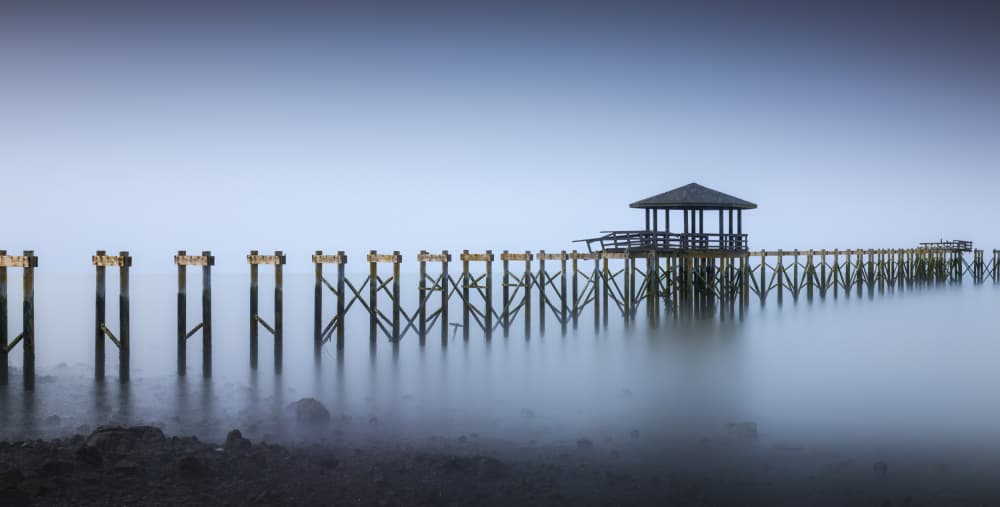 Misty Pier Reflections by Tiger Seo — canvas wall art