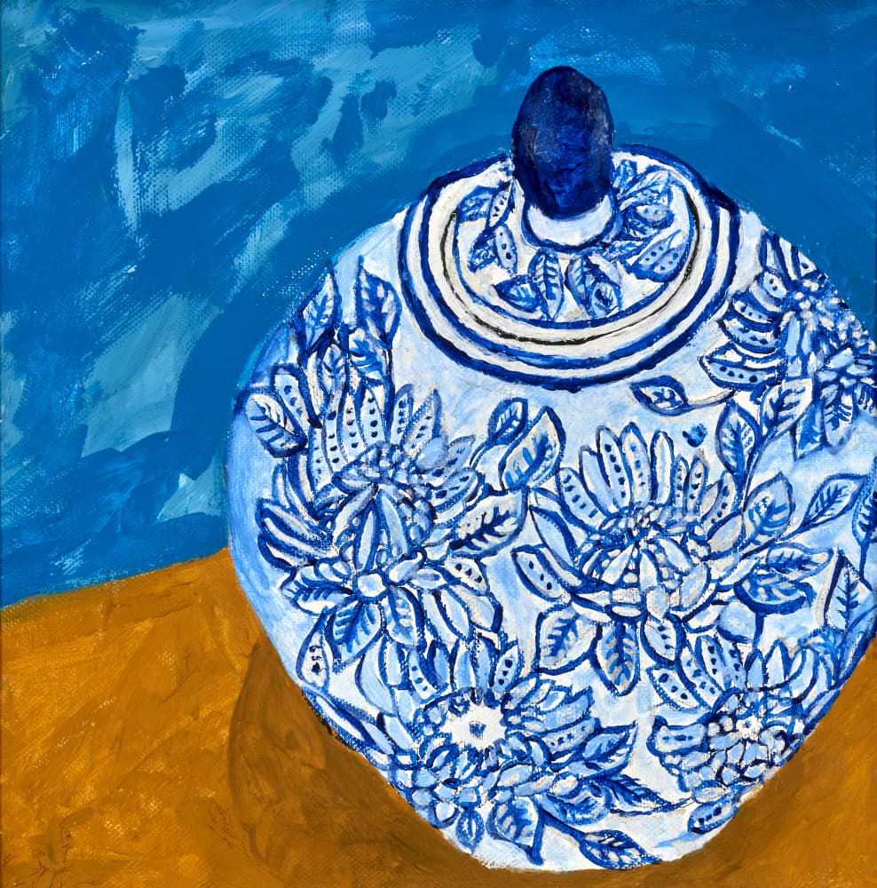 Elegant Blue Floral Jar by Dale Hefer — canvas wall art