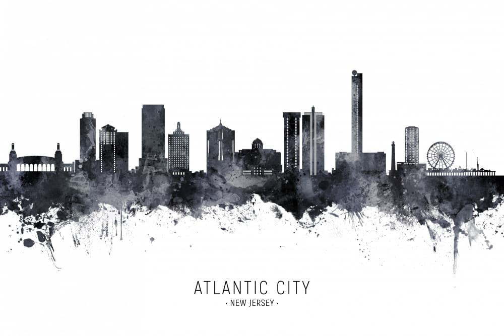 Atlantic City Skyline Watercolor by Michael Tompsett — canvas wall art