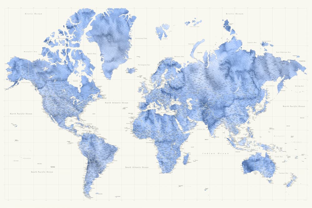 Blue Watercolor World Map by Rosana Laiz Blursbyai — canvas wall art