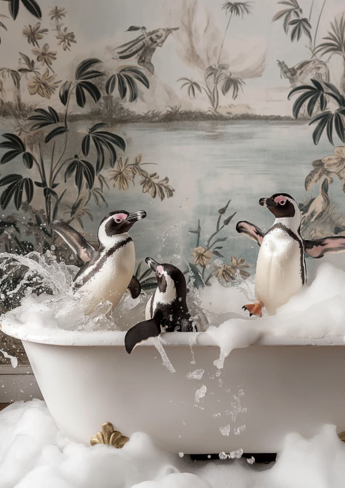 Playful Penguins Bubble Bath by Niky Rahner — canvas wall art