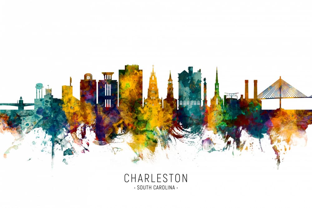 Charleston Watercolor Skyline by Michael Tompsett — canvas wall art