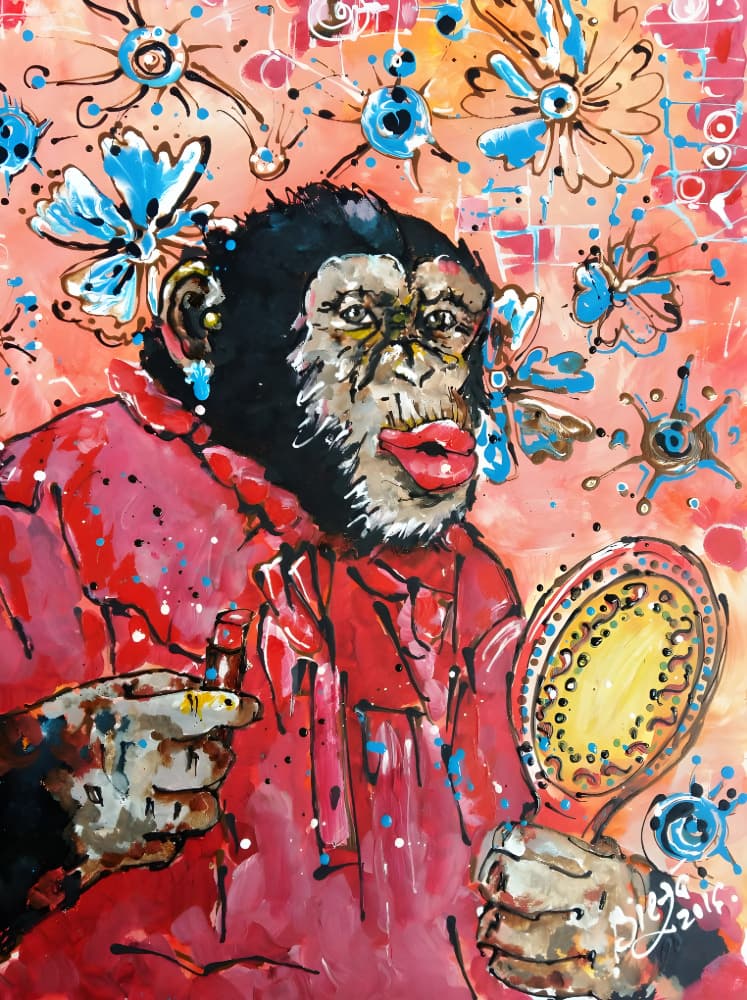 Chimpanzee Applying Lipstick by Anda Bieza — canvas wall art