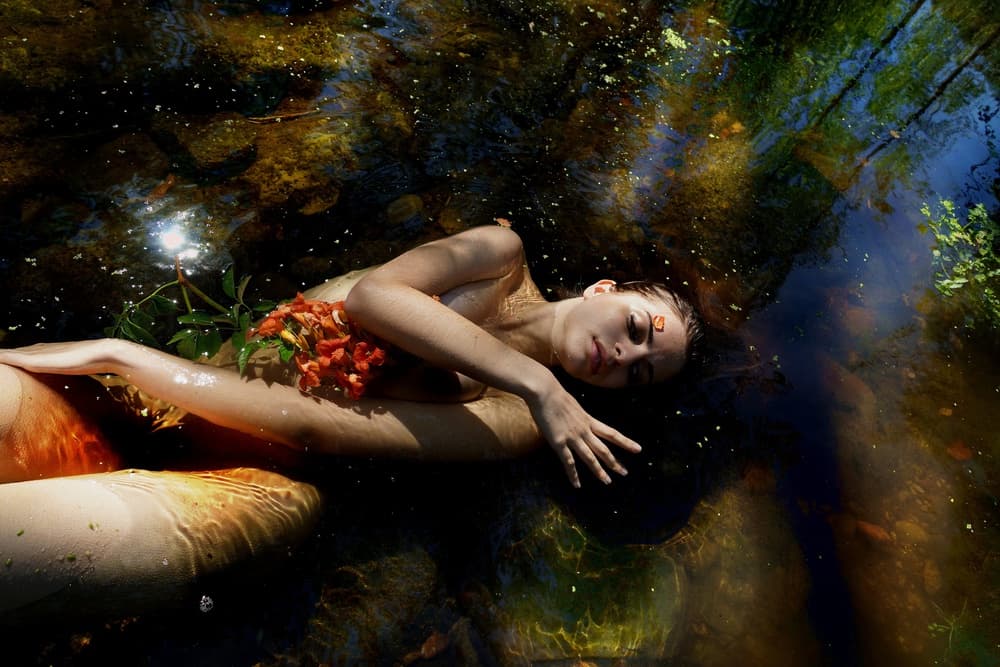 Floating Woman With Flowers by Olga Mest — canvas wall art