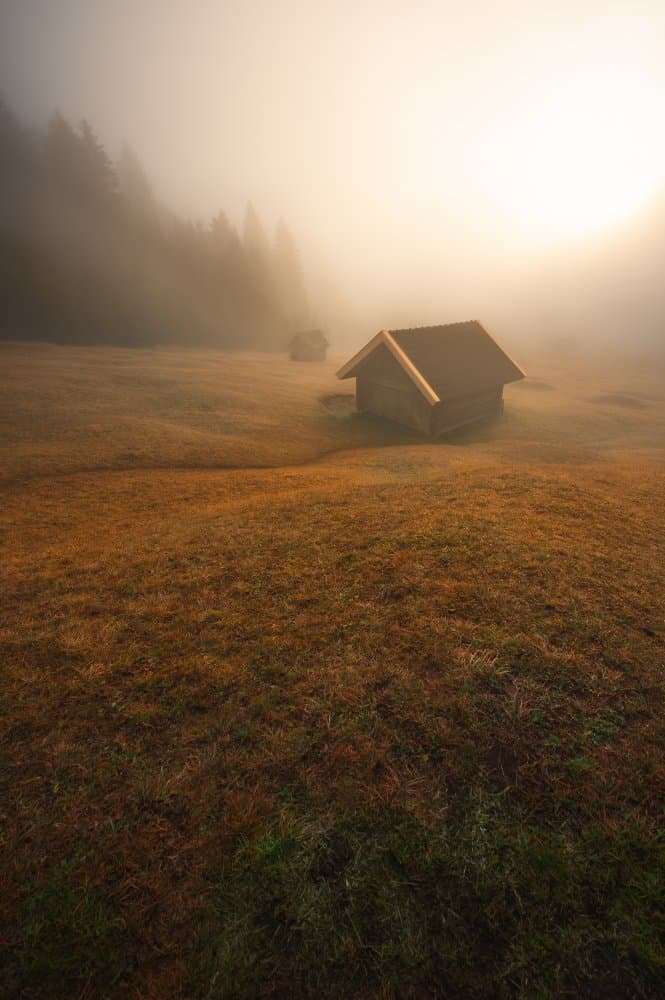 Golden Foggy Cabin by Anastasios Gialopoulos — canvas wall art