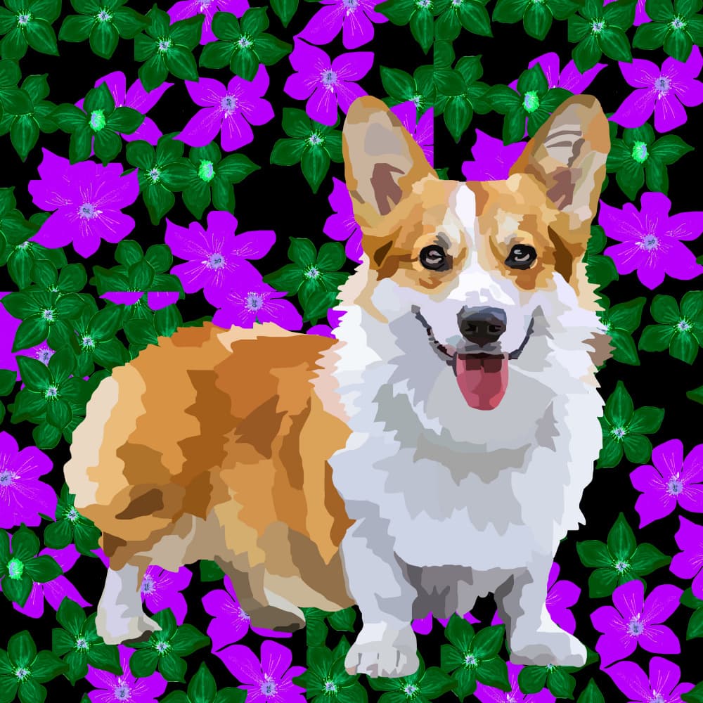Happy Corgi with Flowers by Lynnda Rakos — canvas wall art