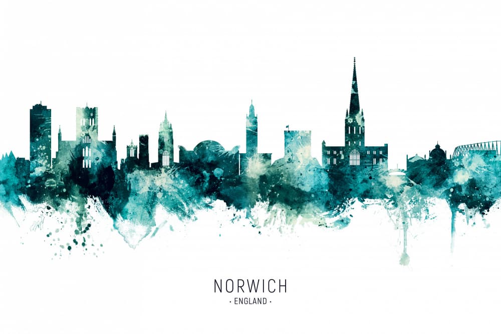 Norwich England Skyline Art by Michael Tompsett — canvas wall art