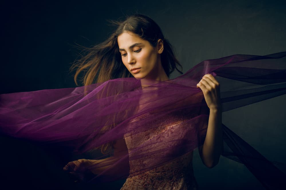 Elegant Woman Purple Fabric by Mehdi Mokhtari — canvas wall art