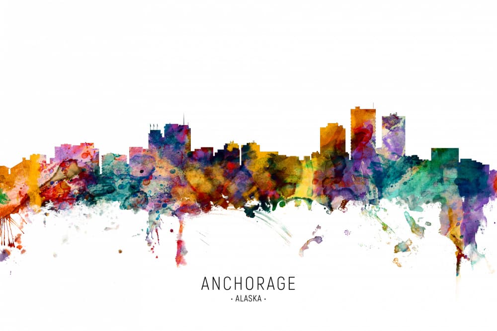 Anchorage Watercolor Skyline by Michael Tompsett — canvas wall art