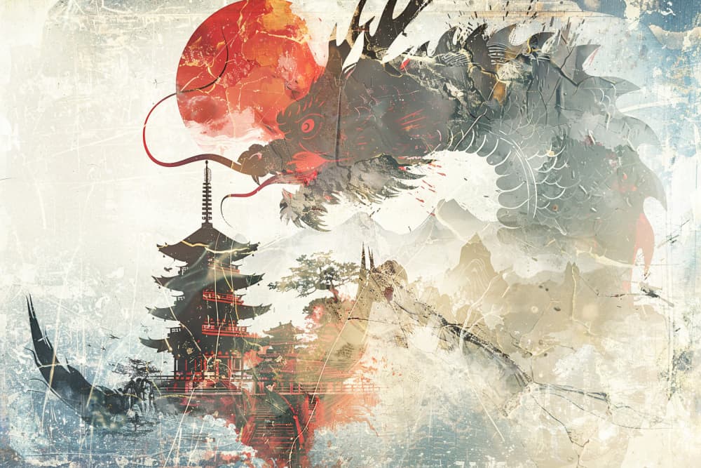 Red Sun Dragon Pagoda by Rafal Kulik — canvas wall art