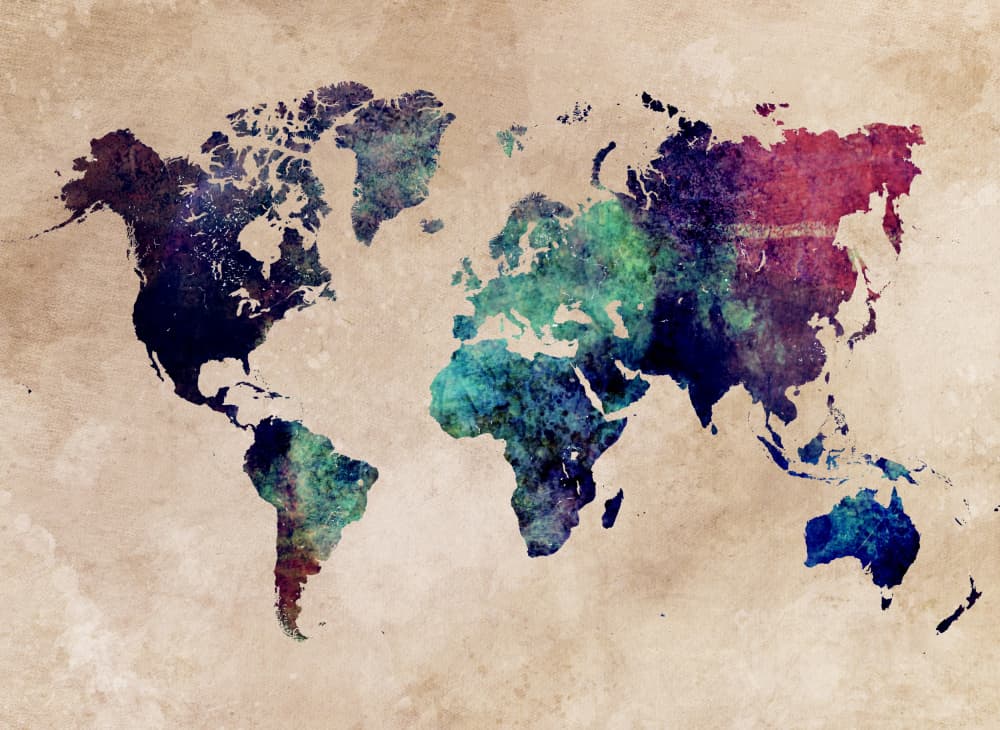 Vibrant Grunge World Map by Justyna Jaszke — canvas wall art