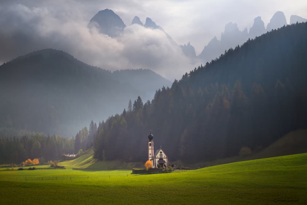 Misty Dolomites Church Valley by Jianping Yang — canvas wall art