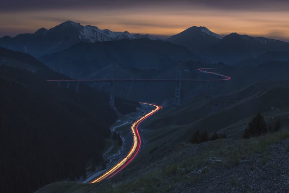 Mountain Valley Light Trails by UU — canvas wall art