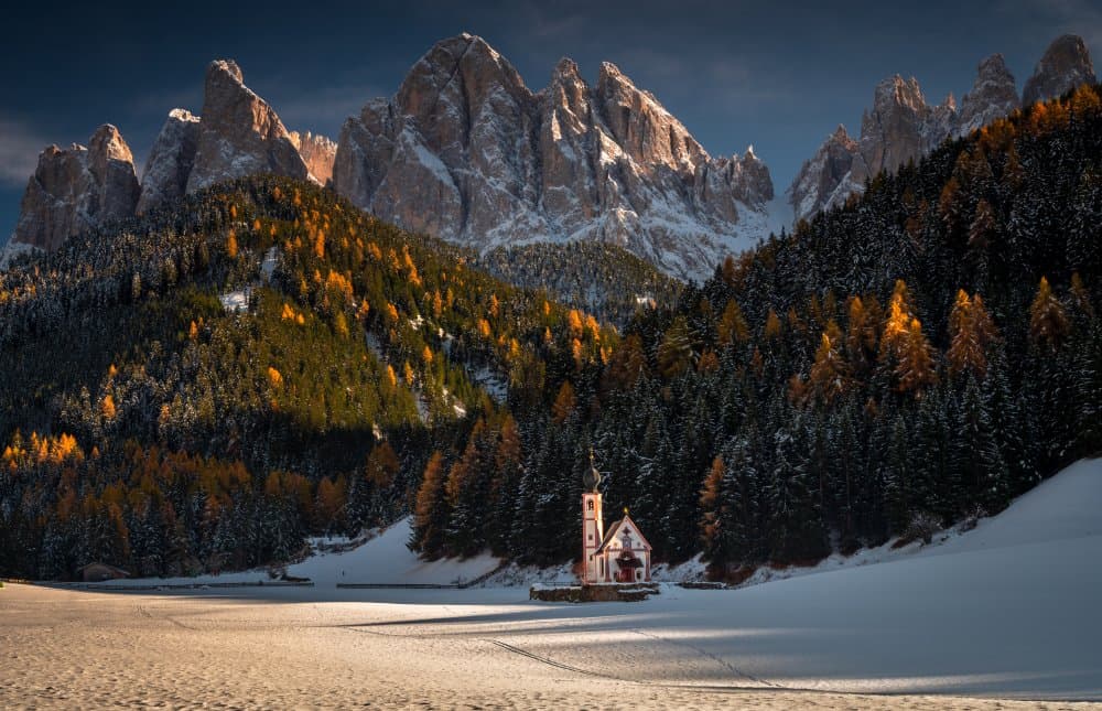 Dolomites Winter Church by Łukasz Winiarski — canvas wall art