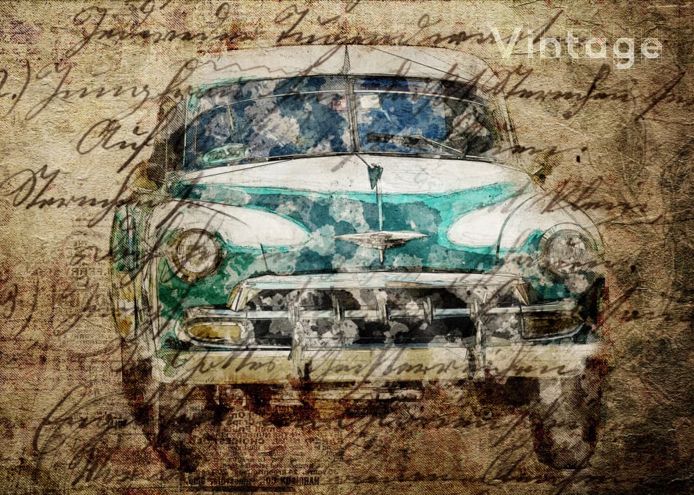 Vintage Car Script by Lembayung senja studio [Vintage Poster] — canvas wall art