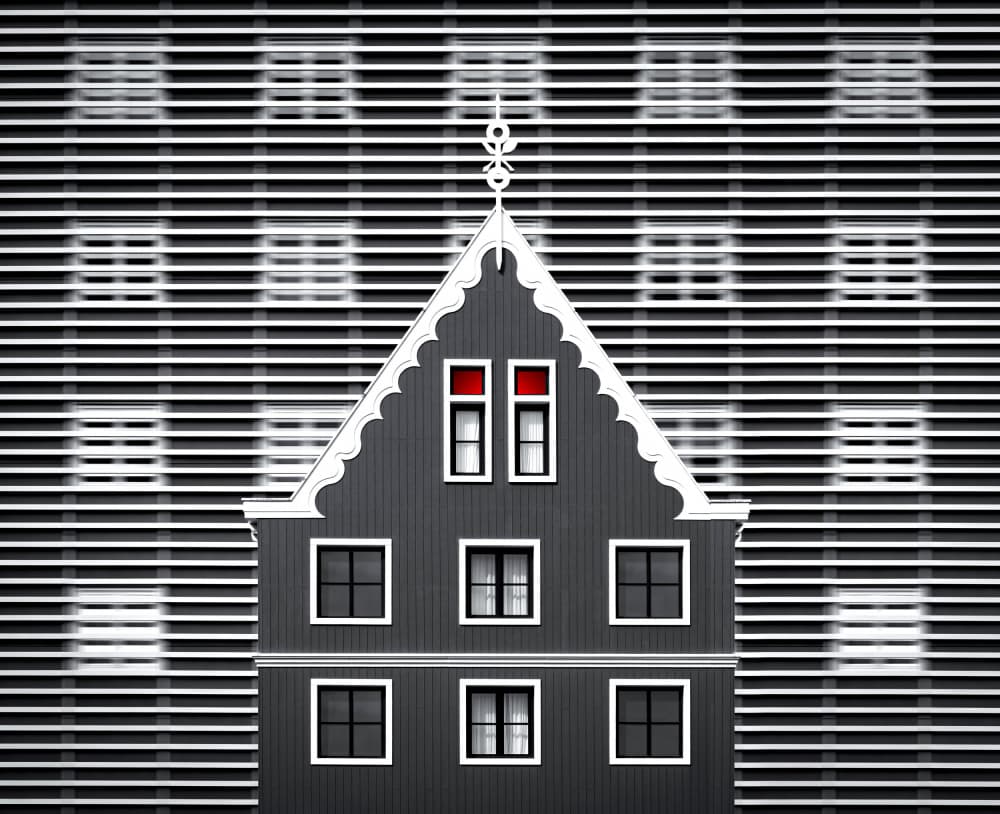 Grey House Red Windows by Roland M Schwerdtfeger — canvas wall art