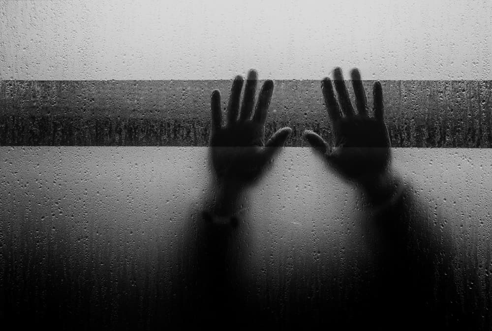 Hands Against Rainy Glass by Marie-anne Stas — canvas wall art