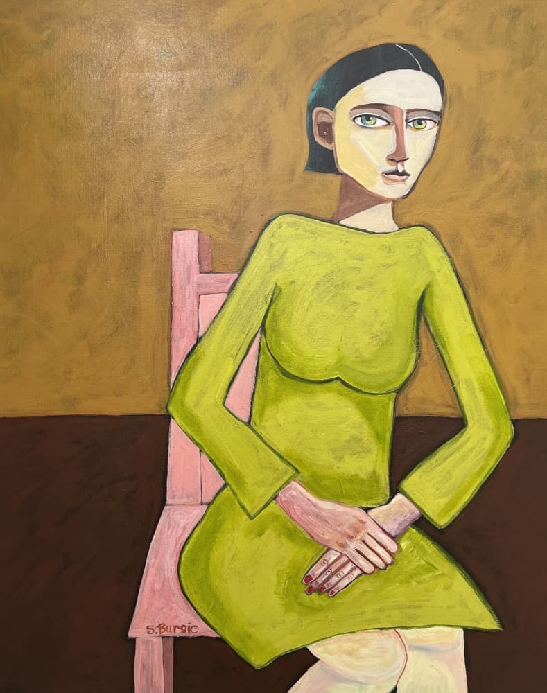 Pensive Woman in Green by Sharyn Bursic — canvas wall art