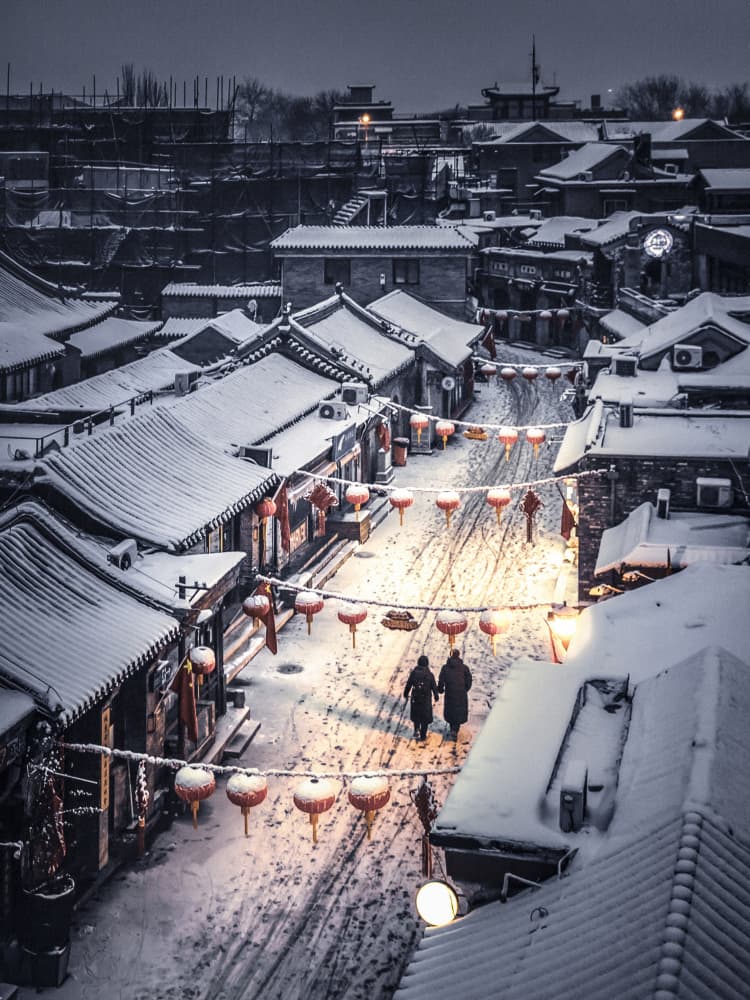 Snowy Lantern Street by Ran Shen — canvas wall art