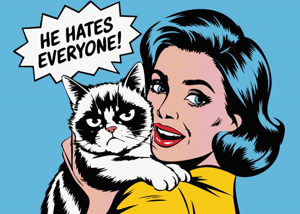 Cheerful Woman Grumpy Pet