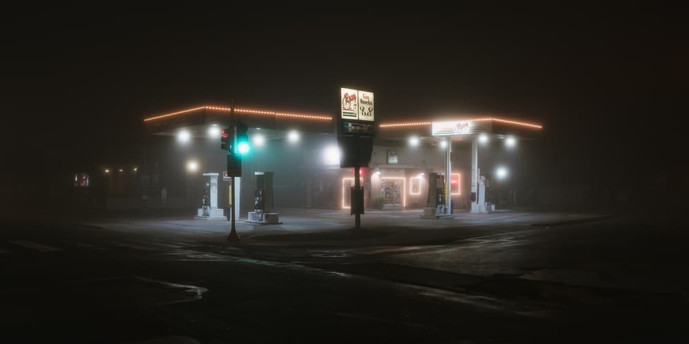 Misty Gas Station Night by Scott J. Pilla — canvas wall art