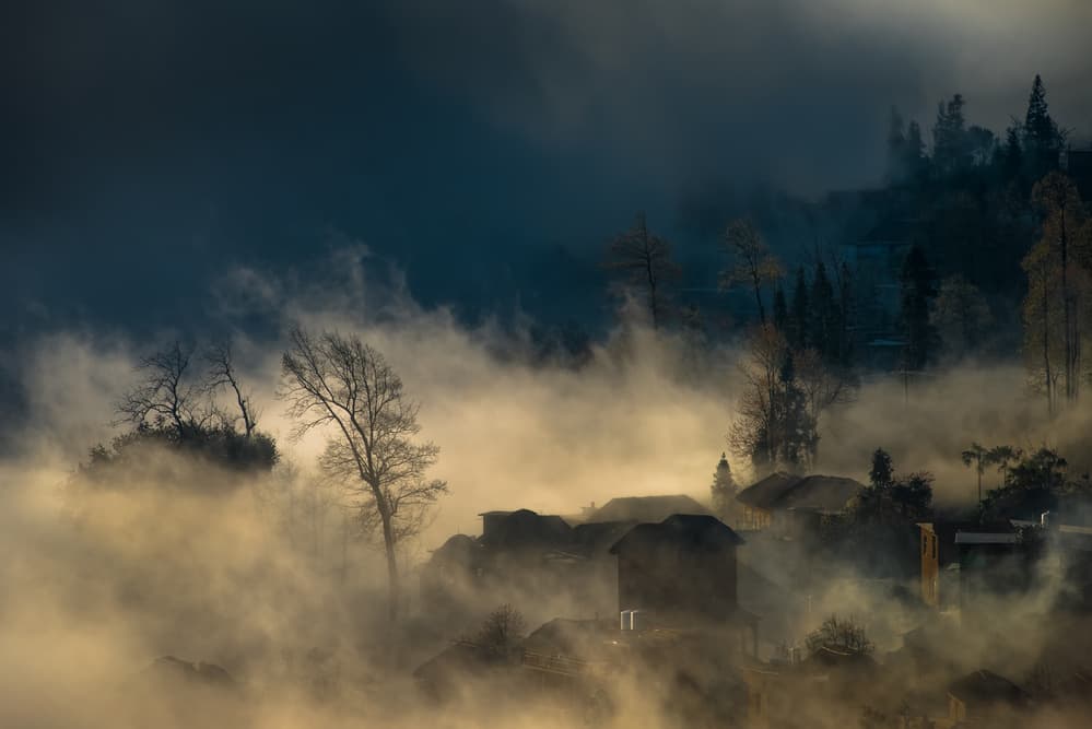 Misty Village Morning by C. Mei — canvas wall art