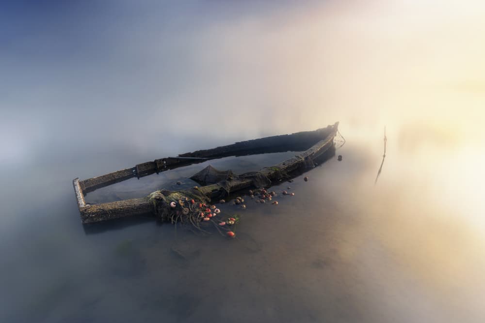 Misty Boat Sunrise by Rodrigo Núñez Buj — canvas wall art