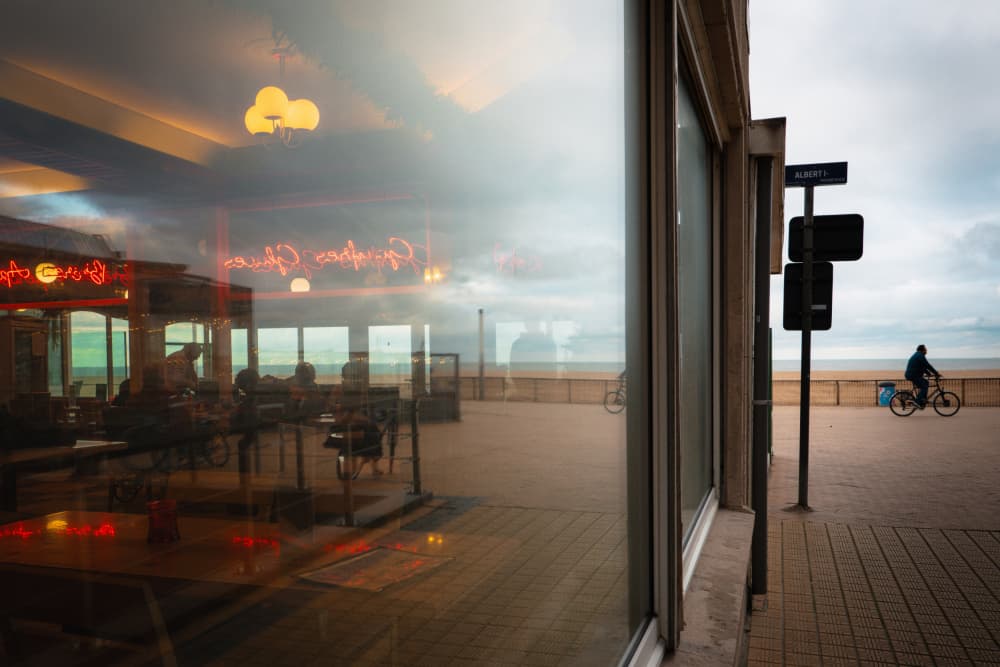 Seaside Cafe Reflection by Rudy Mareel — canvas wall art