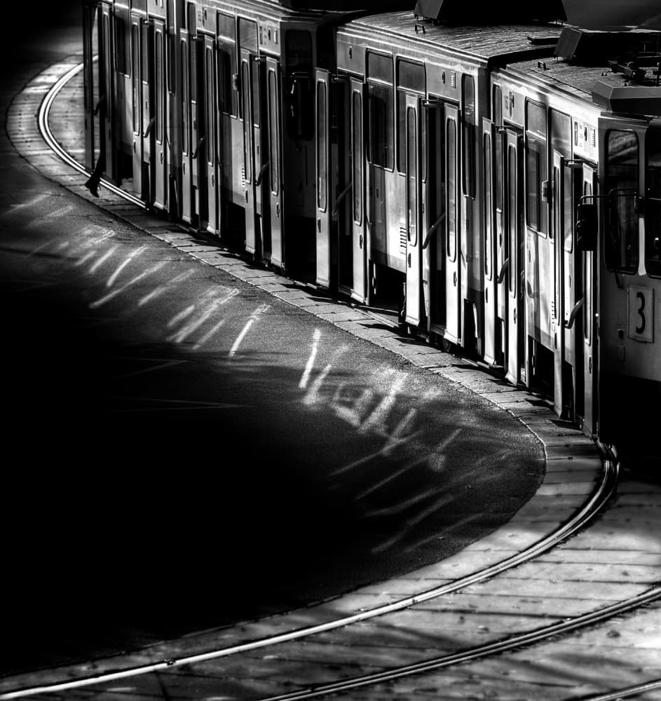 Monochrome Tram Curve by Anna Niemiec — canvas wall art