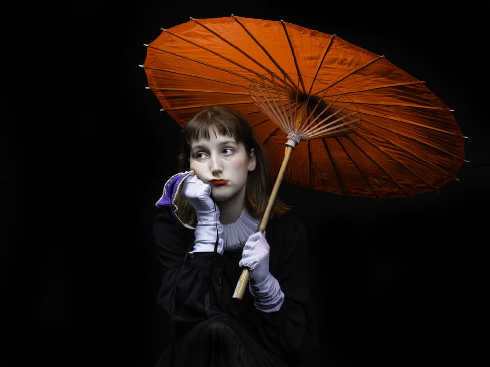 Pensive Woman Orange Umbrella by Sam SDFMedia — canvas wall art