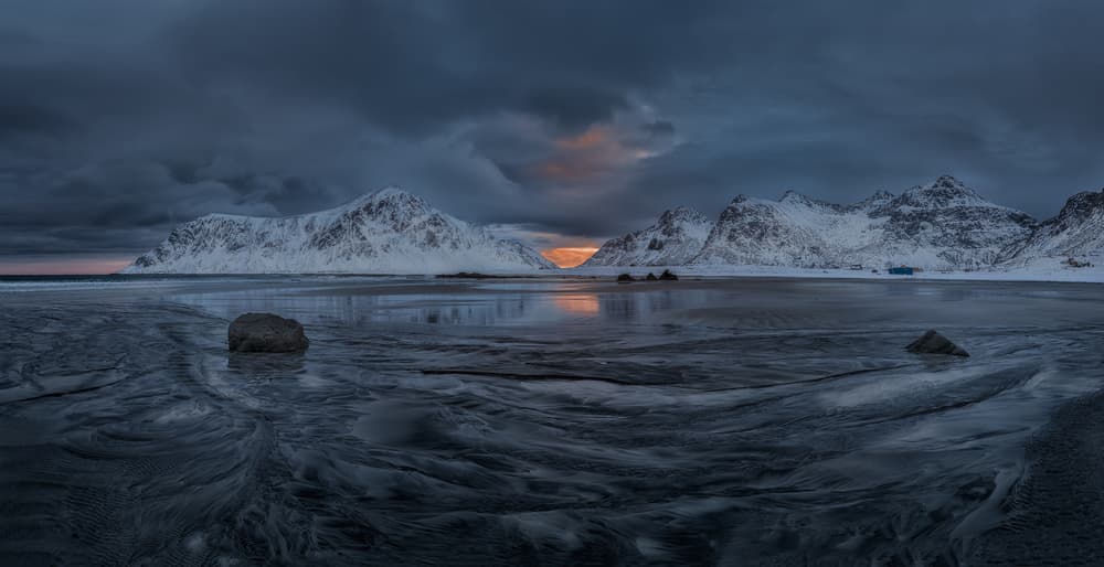Snowy Beach Mountain Sunset by Ronny Olsson — canvas wall art