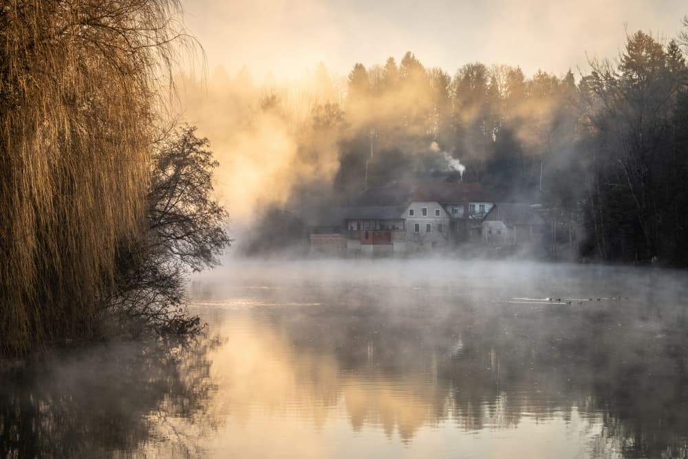 Misty Morning Lake Home by Joško Šimic — canvas wall art