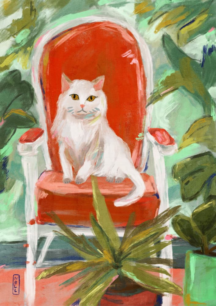 White Cat Orange Chair by Dirkie Nell — canvas wall art