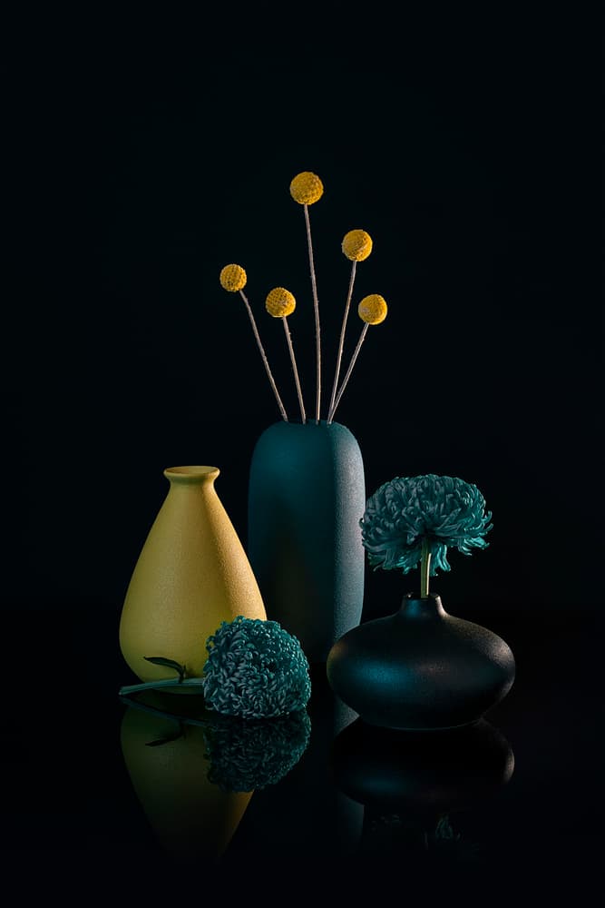 Moody Yellow and Teal Still Life by Lydia Jacobs — canvas wall art