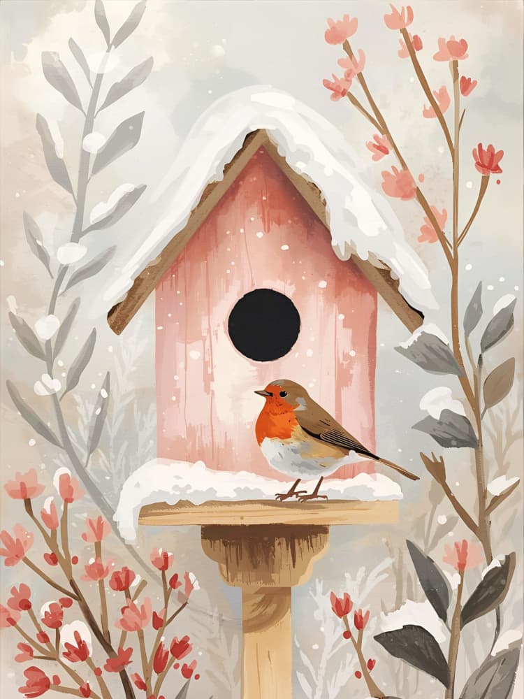 Robin on Snowy Birdhouse by Ohkimiko — canvas wall art