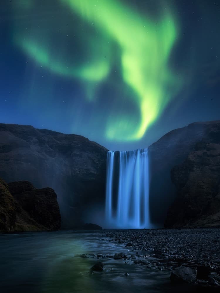 Northern Lights Waterfall by Daniel Gastager — canvas wall art