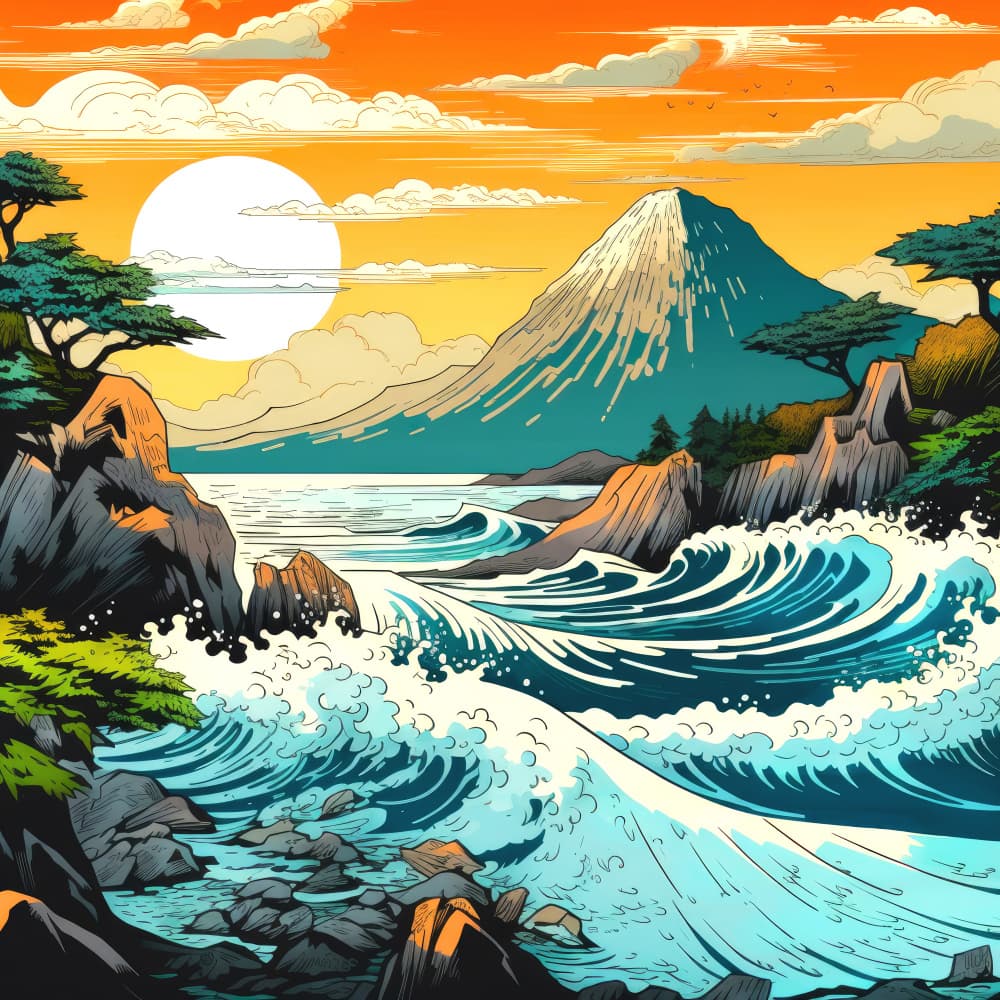 Mount Fuji Coastal Waves by Justyna Jaszke — canvas wall art