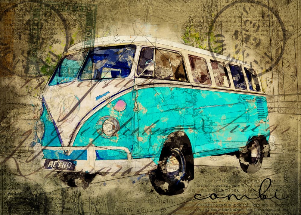 Vintage Blue Van by Lembayung senja studio [Vintage Poster] — canvas wall art