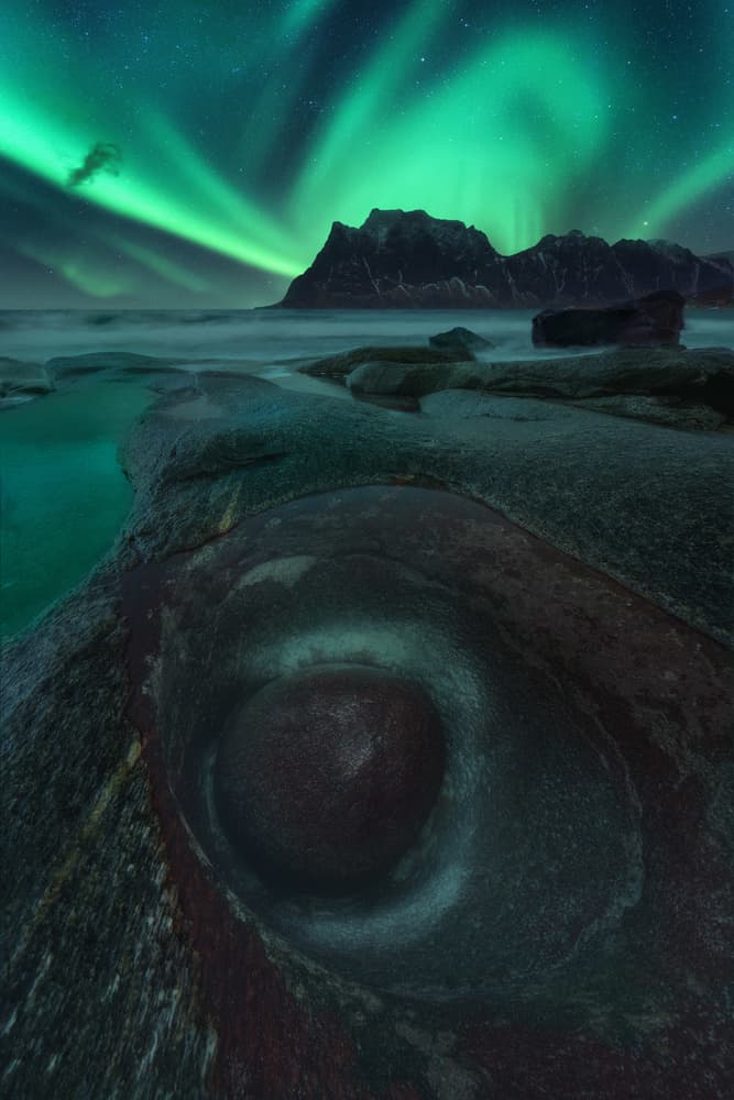 Green Aurora Coastal Night by Carlos Gonzalez — canvas wall art